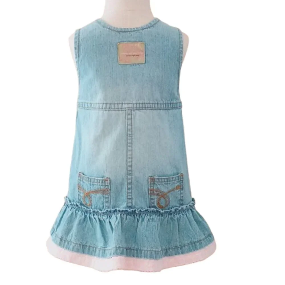 Embroidered Denim Overall Dress 9-12M Pink Ruffle Hem and Butterflies Pockets